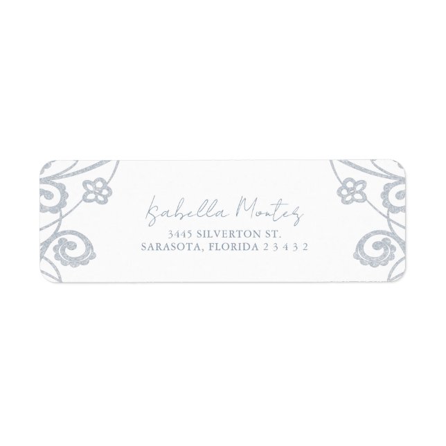 Söt Dusty Blue Soft Silver Blommigt Snöre Ram Returadress Etikett (Framsidan)