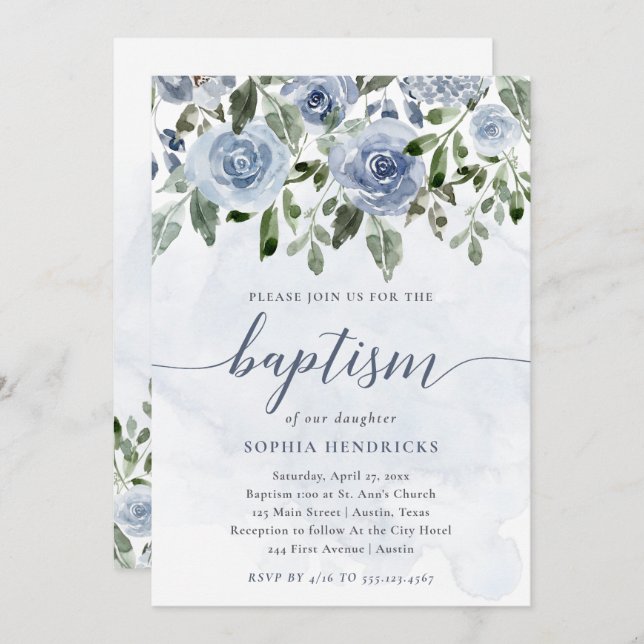 Söt Dusty Blue Watercolor Flowers | Baptism Inbjudningar (Fram/baksida)