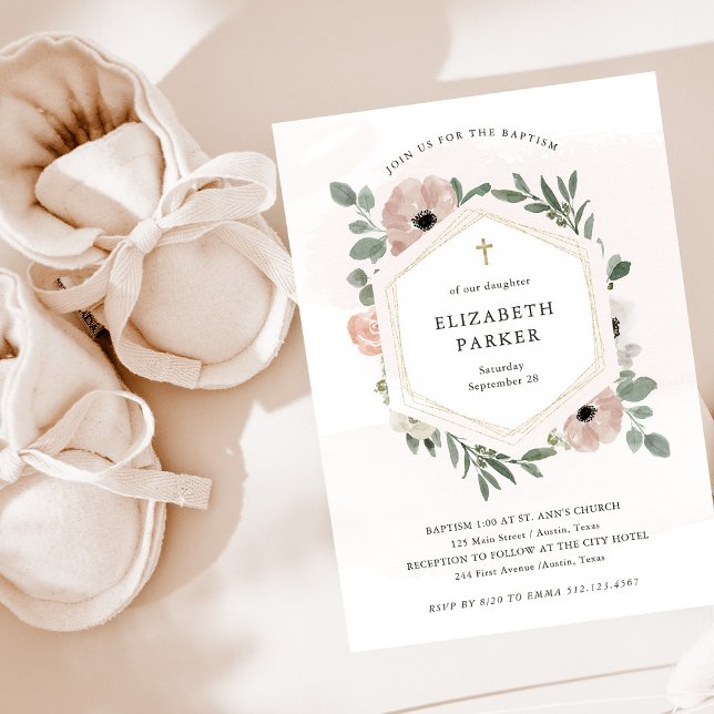 Söt Dusty Peach Flowers och Greenery Baptism Inbjudningar (Skapare uppladdad)