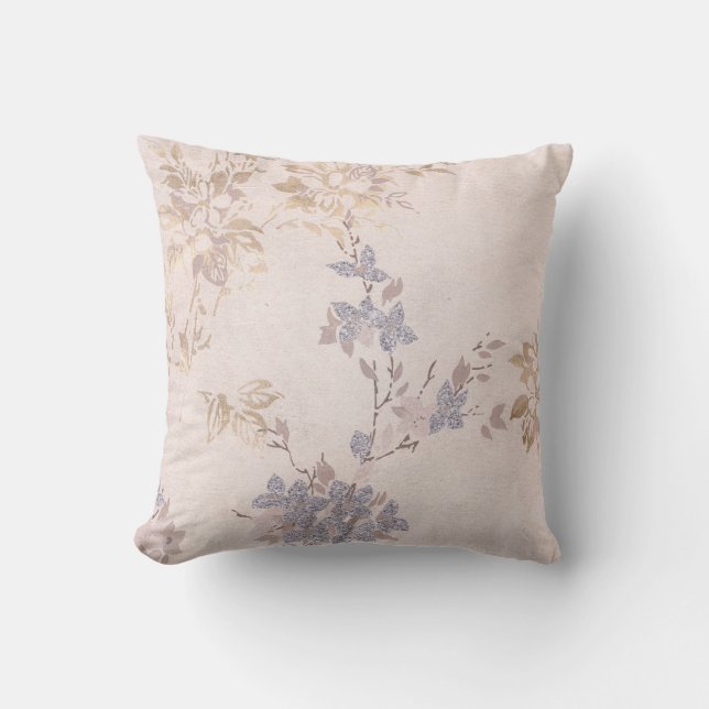 SÖT DUSTY ROSA GULD BLUE BLOMMIGT CUSHION KUDDE (Framsida)