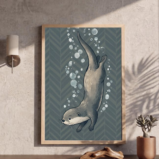 Söt dykande utter barnkammar konst Chevron bakgrun Poster