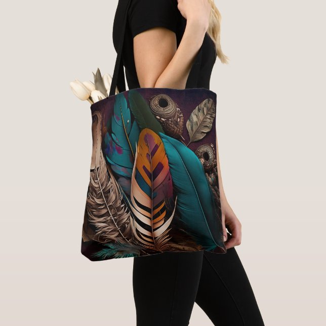 SÖT EARTH TONED BOHO FEATHERS TYGKASSE (Närbild)