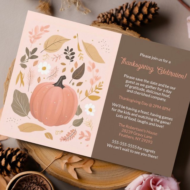 Söt Earthy Pumpkin Foliage Thanksgiving Party Inbjudningar (Boho chic thanksgiving invitation)