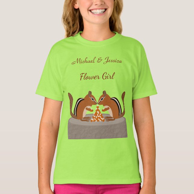 Söt ekorrar Höstbröllop Anpassad blomma flicka T Shirt (Framsida)