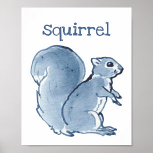 Söt Ekorre Blå Akvarell Djur Natur Konst Poster