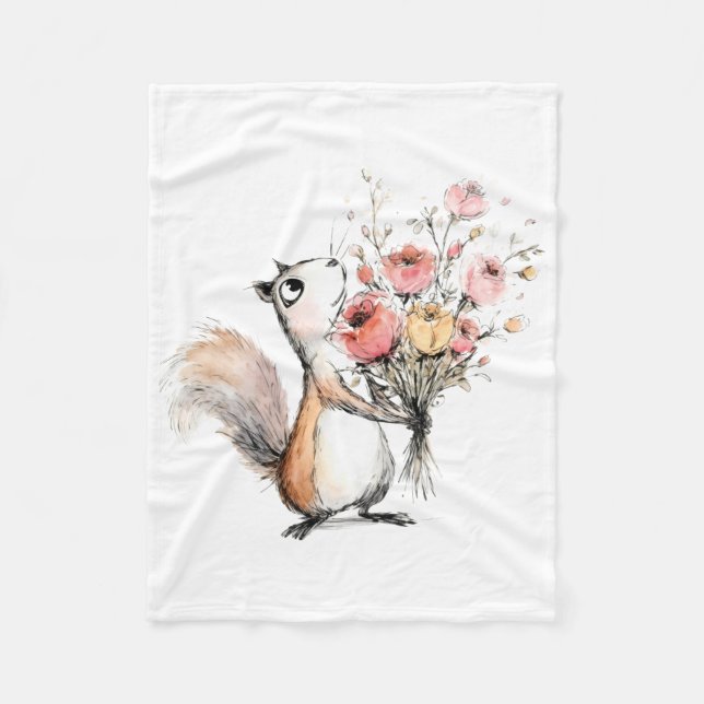 Söt ekorre med blomsterbukett fleecefilt (Framsidan)