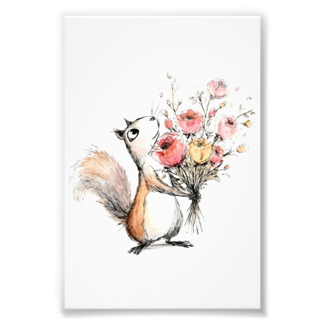 Söt ekorre med blomsterbukett fototryck (Framsidan)