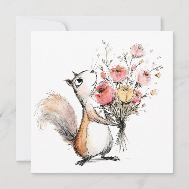 Söt ekorre med blomsterbukett inbjudningar (Framsida)