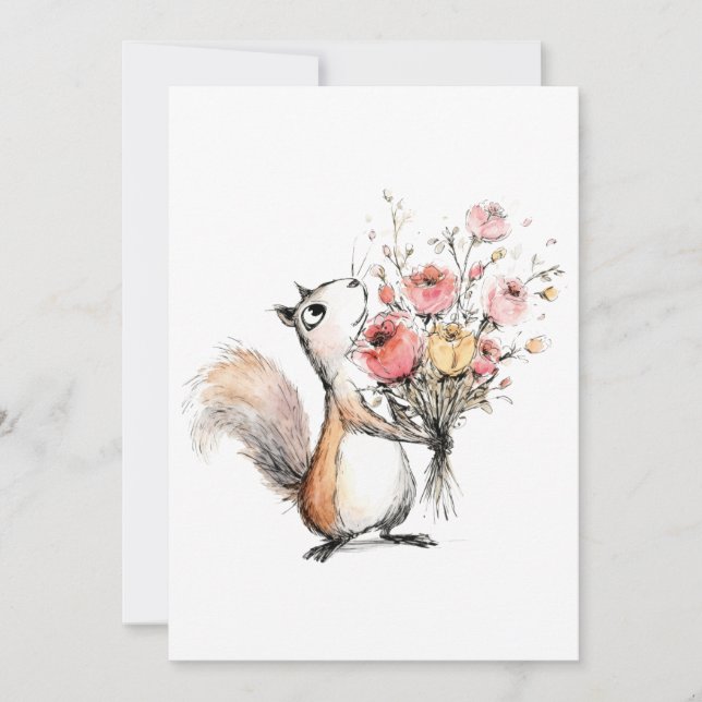 Söt ekorre med blomsterbukett inbjudningar (Framsida)