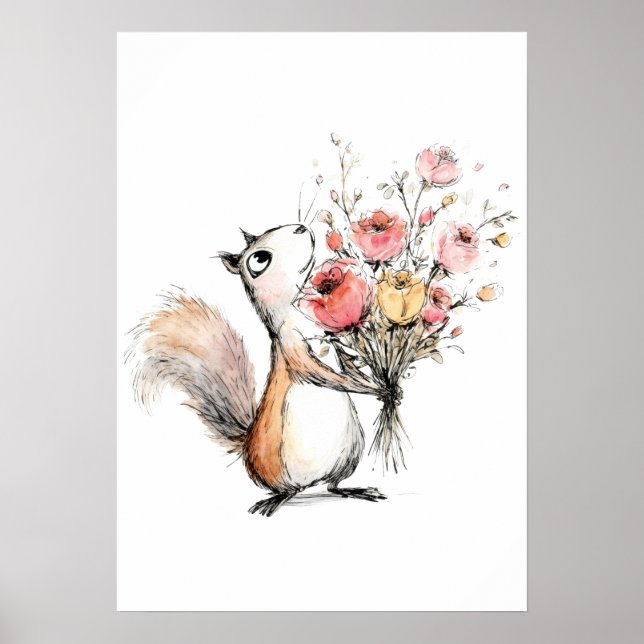 Söt ekorre med blomsterbukett poster (Framsidan)