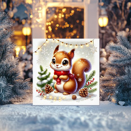 Söt ekorre med kottar och ängsljus julkort