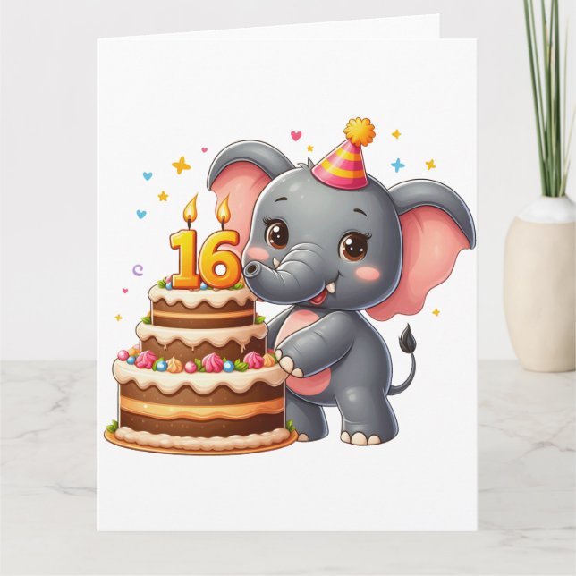 Söt elefant 16-årsdag kort (Framsida)