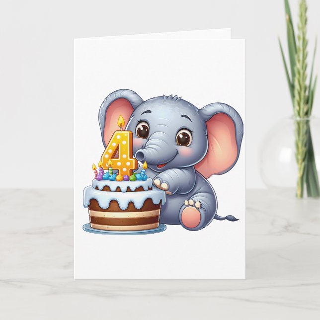Söt elefant 4-årsdag kort (Framsida)
