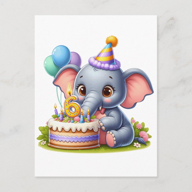 Söt elefant 6-årsdag inbjudan vykort (Framsida)