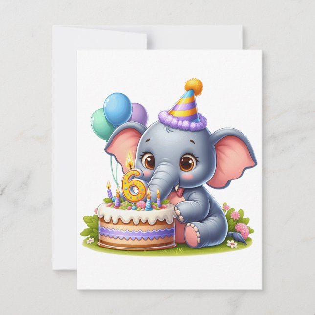 Söt elefant 6-årsdag tack kort (Framsida)