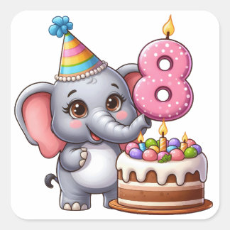 Söt Elefant 8-årsdag Fyrkantigt Klistermärke