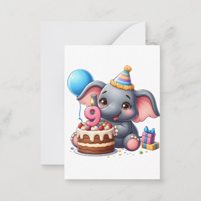 Söt elefant 9-årsdag anteckningskort (Framsida)