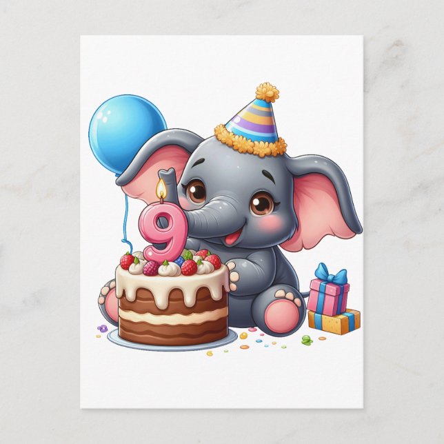 Söt elefant 9-årsdag helg vykort (Framsida)