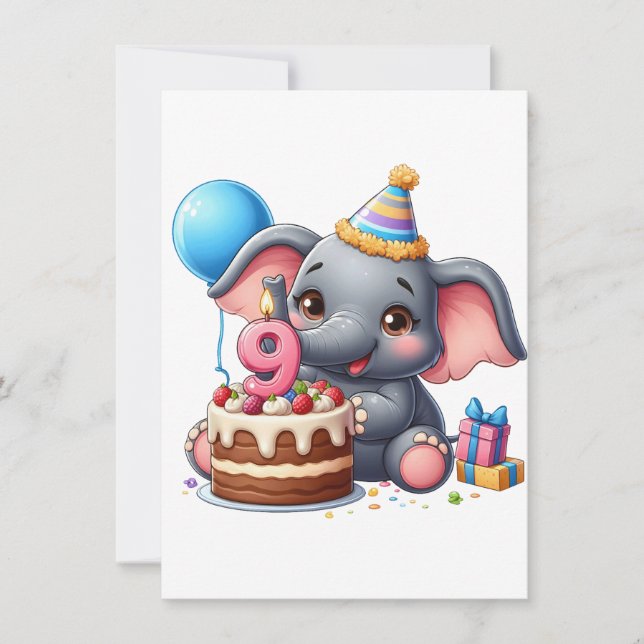 Söt elefant 9-årsdag inbjudningar (Framsida)