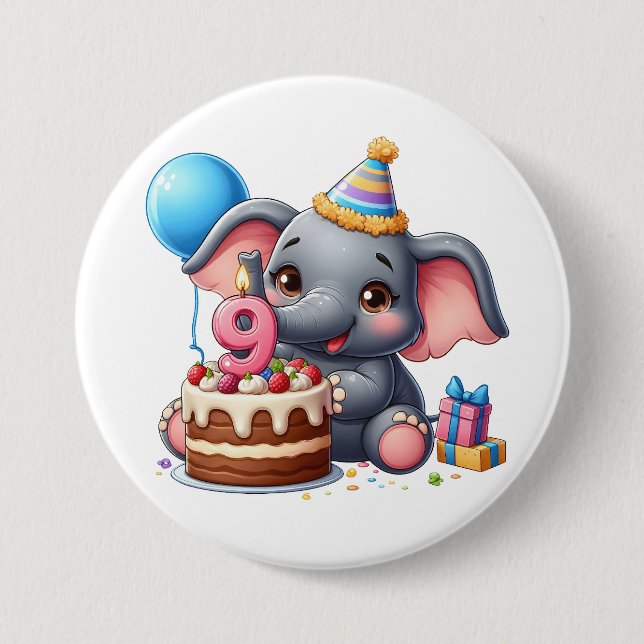 Söt elefant 9-årsdag knapp (Framsida)