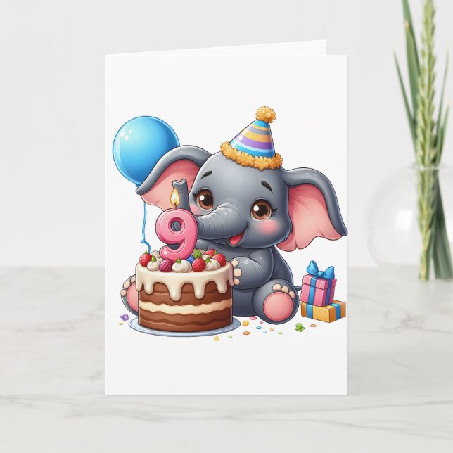 Söt elefant 9-årsdag kort (Framsida)