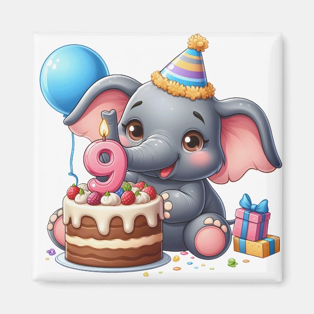 Söt elefant 9-årsdag magnet (Framsidan)