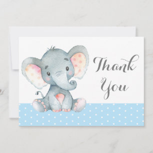 Söt Elefant Baby Pojke Blå och Grå Tack Kort