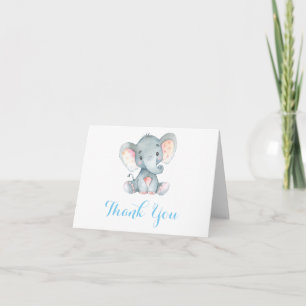 Söt Elefant Baby Pojke Blå och Grå Tack Kort