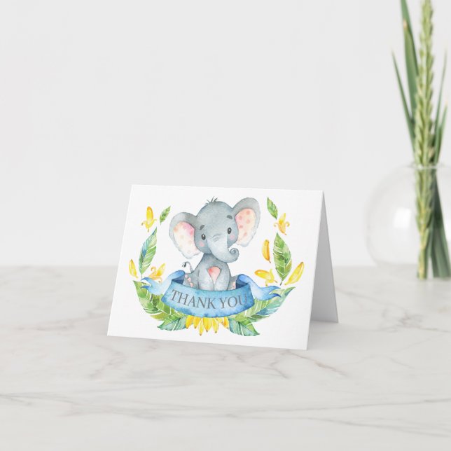 Söt Elefant Baby Pojke Blå och Grå Tack Kort (Framsida)