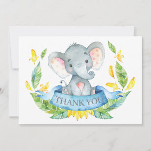 Söt Elefant Baby Pojke Blå och Grå Tack Kort