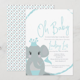 Söt Elefant Baby Pojke Elegant Skript Baby Shower  Inbjudningar