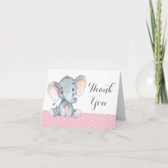 Söt Elefant Babyflicka Rosa och Grå Tack Kort (Framsida)