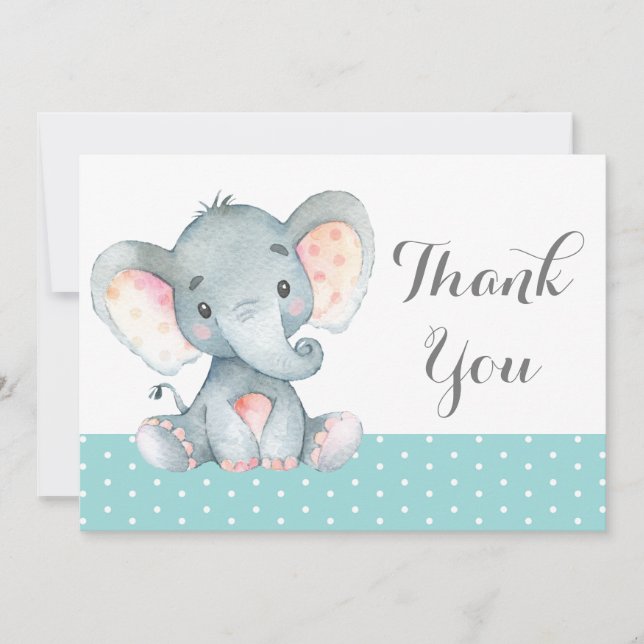 Söt elefant bebis akva teal turkos och grå tack kort (Framsida)