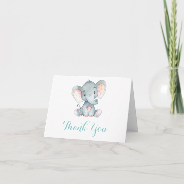 Söt elefant bebis akva turkos och grå tack kort (Framsida)