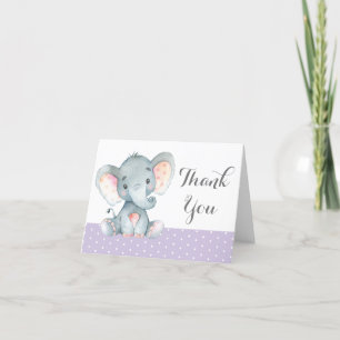 Söt Elefant Bebis Flickan Lila och Grå Tack Kort