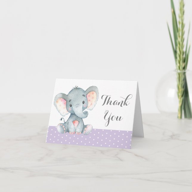Söt Elefant Bebis Flickan Lila och Grå Tack Kort (Framsida)