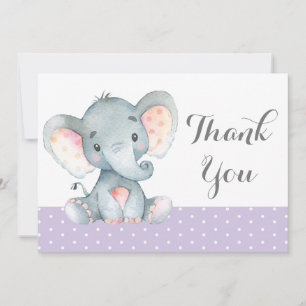 Söt Elefant Bebis Flickan Lila och Grå Tack Kort