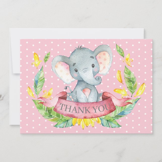 Söt Elefant Bebis Flickan Rosa och Grå Tack Kort (Framsida)