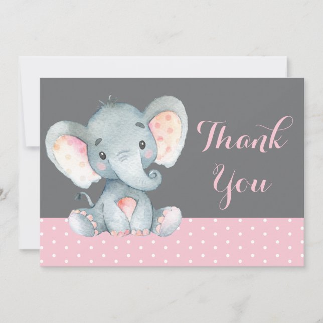 Söt Elefant Bebis Flickan Rosa och Grå Tack Kort (Framsida)
