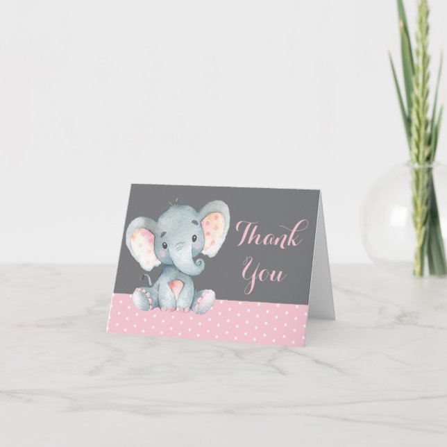 Söt Elefant Bebis Flickan Rosa och Grå Tack Kort (Framsida)