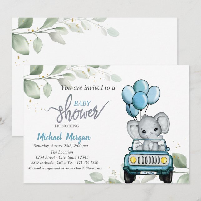 Söt elefant, bil, ballonger, blad baby shower  inbjudningar (Fram/baksida)