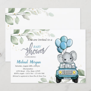 Söt elefant, bil, ballonger, blad baby shower  inbjudningar