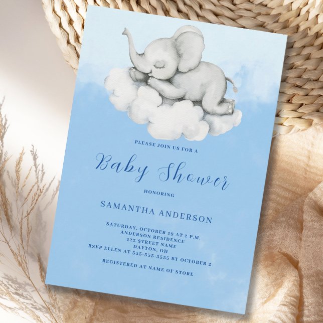 Söt Elefant Blå Pojke Baby Shower Inbjudan (Skapare uppladdad)
