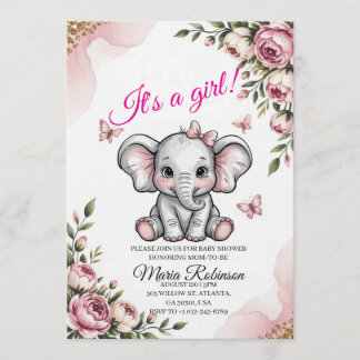 Söt Elefant & Blommig Baby Shower Inbjudan