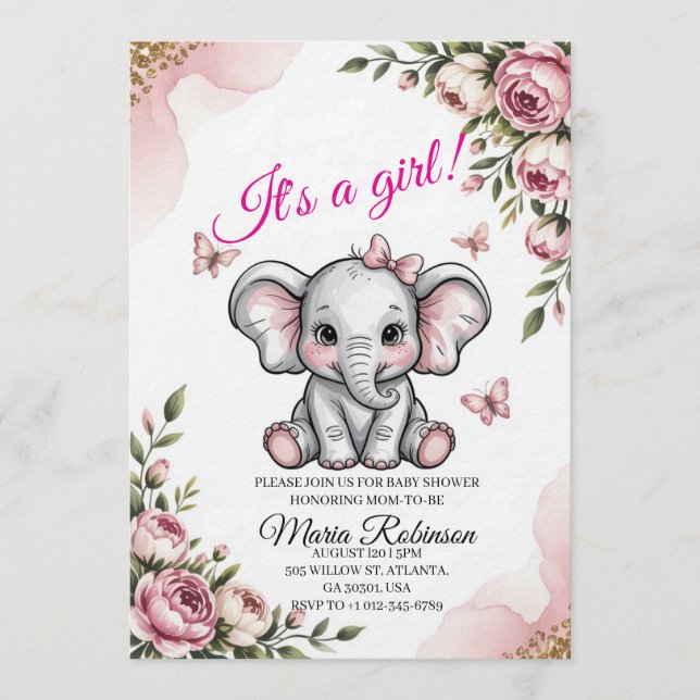 Söt Elefant & Blommig Baby Shower Inbjudan (Framsida)