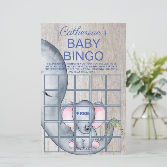 Söt Elefant Blommig Rustik Baby Shower Bingo (Stående Fram)