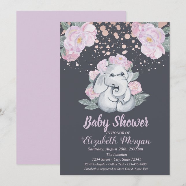 Söt Elefant, Blommor Ljus Lila Baby Shower Inbjudningar (Fram/baksida)