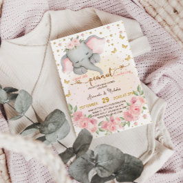 Söt Elefant Blommor Stjärna Måne Baby Girl Shower Inbjudningar