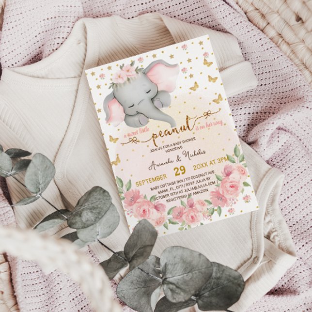 Söt Elefant Blommor Stjärna Måne Baby Girl Shower Inbjudningar (Skapare uppladdad)