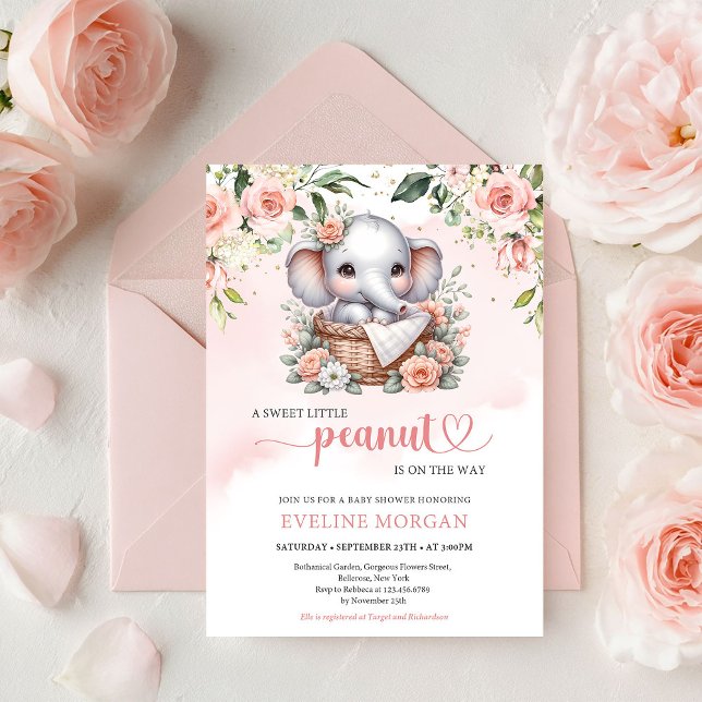 Söt elefant boho rosor lila liten nöt flicka inbjudningar (Cute elephant boho blush roses little peanut girl invitation)